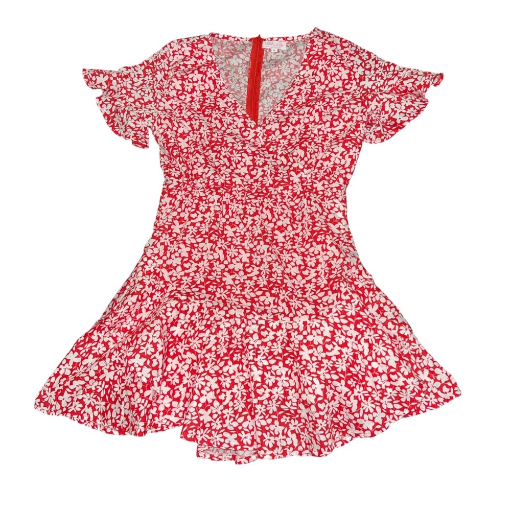 Pink Lily Red Floral V-Neck Mini Dress Short Flutter Sleeve Ditsy Print Small